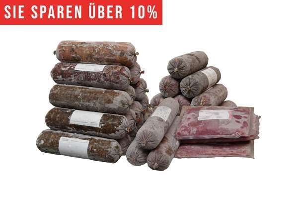 Ein Sparpaket mit mehreren Frostfleischrollen in durchsichtigem Kunstdarm, gestapelt in zwei Gruppen mit zusätzlich drei flachen Fleischbeuteln vorne rechts. Oben links ein rotes Banner mit weißer Aufschrift „Sie sparen über 10 %“.