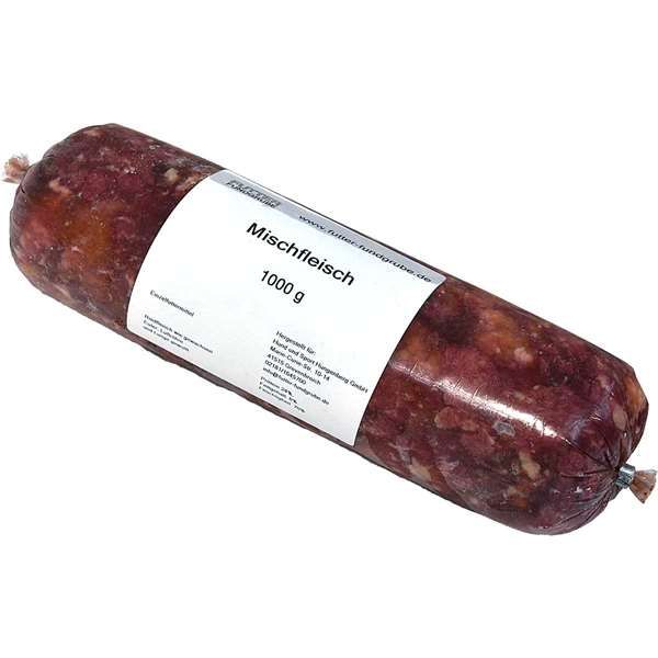 Vakuumverpackte Wurstrolle mit der Aufschrift „Mischfleisch – 1000 g“, verpackt in einem nicht essbaren Kunstdarm. Das Einzelfuttermittel für Hunde enthält eine gemischte Fleischkomposition zur ausgewogenen Rohfütterung.