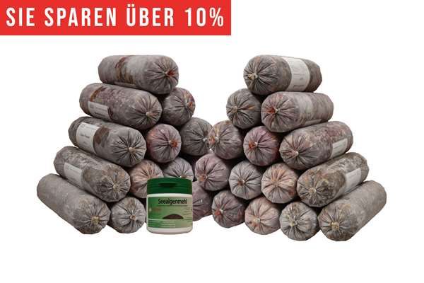Ein Sparpaket mit mehreren Frostfleischrollen in durchsichtigem Kunstdarm, seitlich gestapelt. Davor steht ein runder Kunststoffbehälter mit grünem Etikett. Oben links ein rotes Banner mit der weißen Aufschrift „Sie sparen über 10 %“.