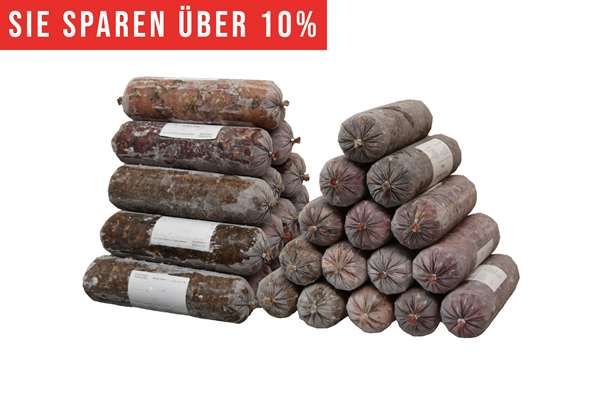Ein Sparpaket mit mehreren Frostfleischrollen in durchsichtigem Kunstdarm, aufgeteilt in zwei unterschiedlich hohe Stapel. Oben links ein rotes Banner mit weißer Aufschrift „Sie sparen über 10 %“.