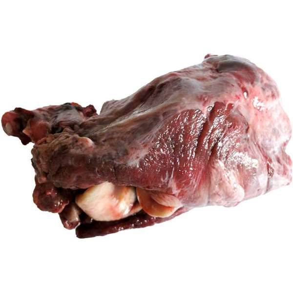 Ein einzelner, roher und fleischiger Rinderkehlkopf. Das Einzelfuttermittel für Hunde besteht aus Muskelfleisch, Knorpel und sichtbaren Knochenanteilen. Nicht verpackt, lose dargestellt.