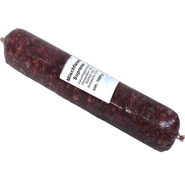 Vakuumverpackte Wurstrolle mit der Aufschrift „Mischfleisch Supreme – 1000 g“, verpackt in einem nicht essbaren Kunstdarm. Das Einzelfuttermittel für Hunde enthält eine besonders hochwertige Mischung aus verschiedenen Fleischsorten zur Rohfütterung