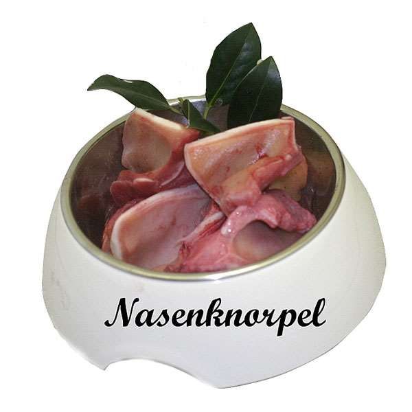 Ein weißer Futternapf mit schwarzem Schriftzug „Nasenknorpel“ ist mit mehreren stückigen, rohen Rindernasenstücken gefüllt. Die rosa Knorpelstücke sind fleischig und naturbelassen. Dekoriert mit grünen Blättern.