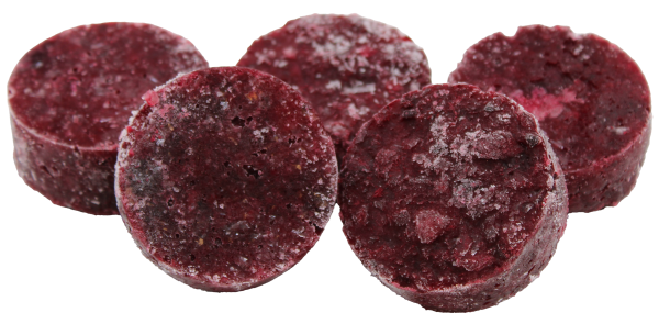 Fünf gefrorene Taler aus pürierter roter Bete mit dunkelroter, leicht kristalliner Oberfläche, locker nebeneinander angeordnet.
