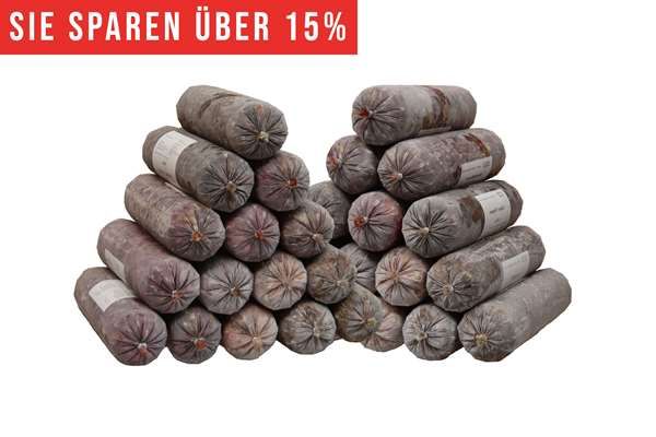 Ein Sparpaket mit mehreren Frostfleischrollen in durchsichtigem Kunstdarm, in zwei Pyramiden nebeneinander gestapelt. Oben links ist ein rotes Banner mit der weißen Aufschrift „Sie sparen über 10 %“ zu sehen.