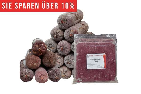 Ein Sparpaket mit mehreren Frostfleischrollen in durchsichtigem Kunstdarm, pyramidenförmig gestapelt. Daneben stehen zwei flache Kunststoffbeutel mit Fleisch. Oben links ein rotes Banner mit weißer Aufschrift „Sie sparen über 10 %“.