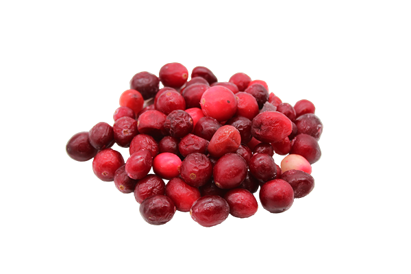 Ein Haufen ganzer, gefrorener Cranberries in kräftigem Rot, mit leicht frostiger Oberfläche.