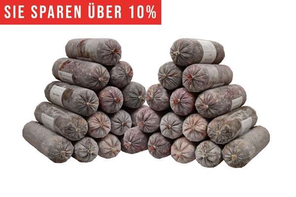 Ein Sparpaket mit zahlreichen Frostfleischrollen in durchsichtigem Kunstdarm, seitlich in zwei Stapeln angeordnet. Oben links ein rotes Banner mit weißer Aufschrift „Sie sparen über 10 %“.