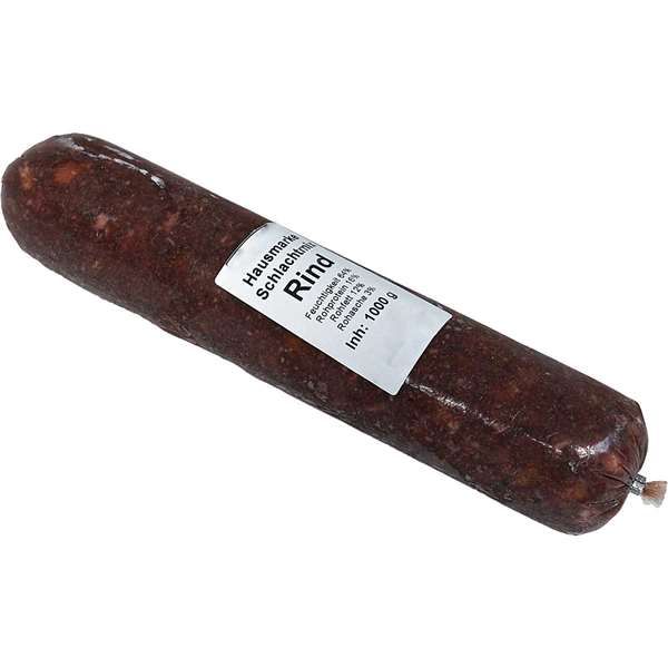 Vakuumverpackte Wurstrolle mit 100 % Rindfleisch, eingeschweißt in einem nicht essbaren Kunstdarm. Das weiße Etikett trägt die Aufschrift „Hausmarke Schlachtmix Rind – 1000 g“. Das Produkt dient als Frostfutter zur Tierfütterung