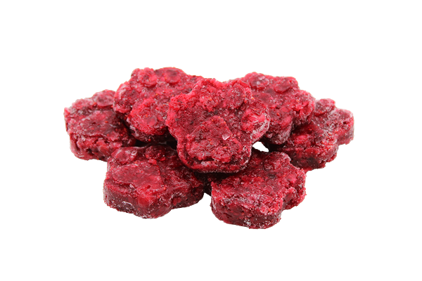 Mehrere gefrorene Pfötchen aus pürierten roten Johannisbeeren, in dunklem Rot mit leicht gefrosteter Oberfläche. Die Form zeigt deutlich erkennbare Pfotenabdrücke.