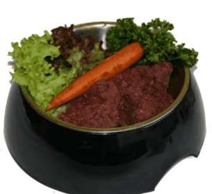 Ein schwarzer Futternapf mit gewolftem Hirschmuskelfleisch. Die Füllung ist fein zerkleinert und zeigt eine dunkelrote, leicht bräunliche Farbe mit homogener Struktur.
