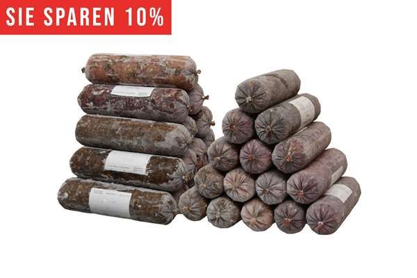 Ein Sparpaket mit mehreren Frostfleischrollen in durchsichtigem Kunstdarm, aufgeteilt in zwei unterschiedlich hohe Stapel. Oben links ein rotes Banner mit weißer Aufschrift „Sie sparen über 10 %“.